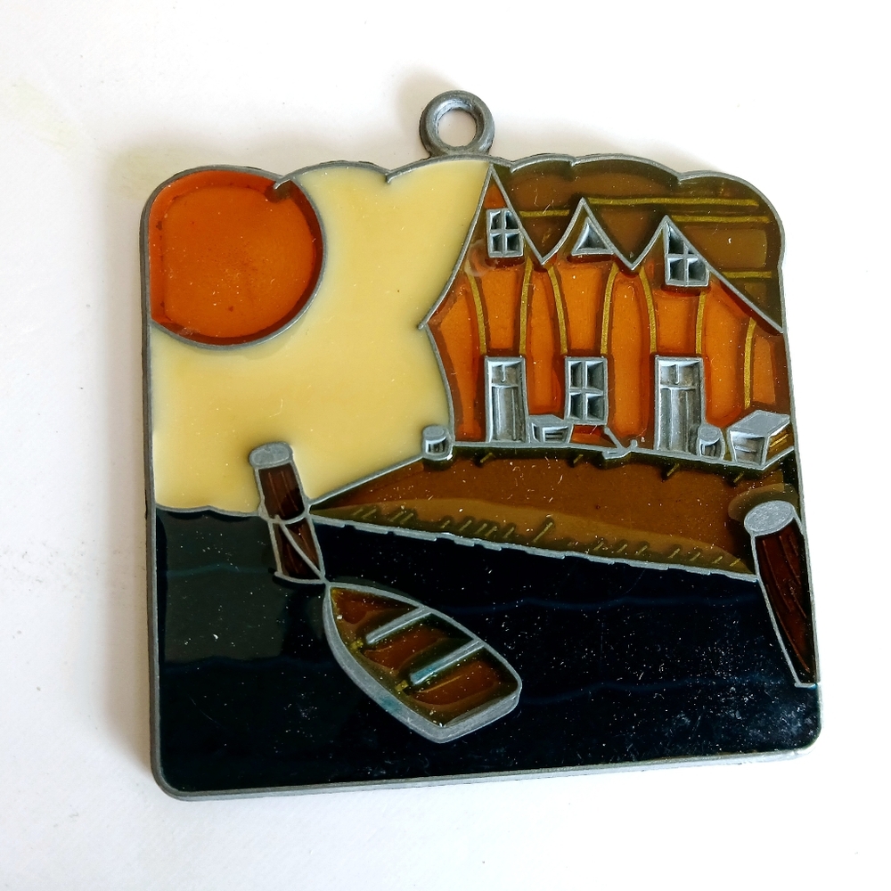 Vintage Stained Glass Sun Catcher Boat Scene with Orange and Cream Hues